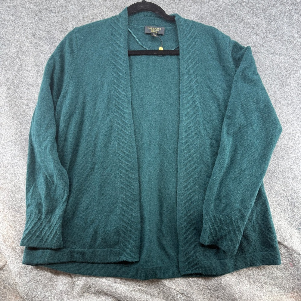 Charter Club Cardigan Cashmere Women L Green Open Front Ribbed Luxury Sweater